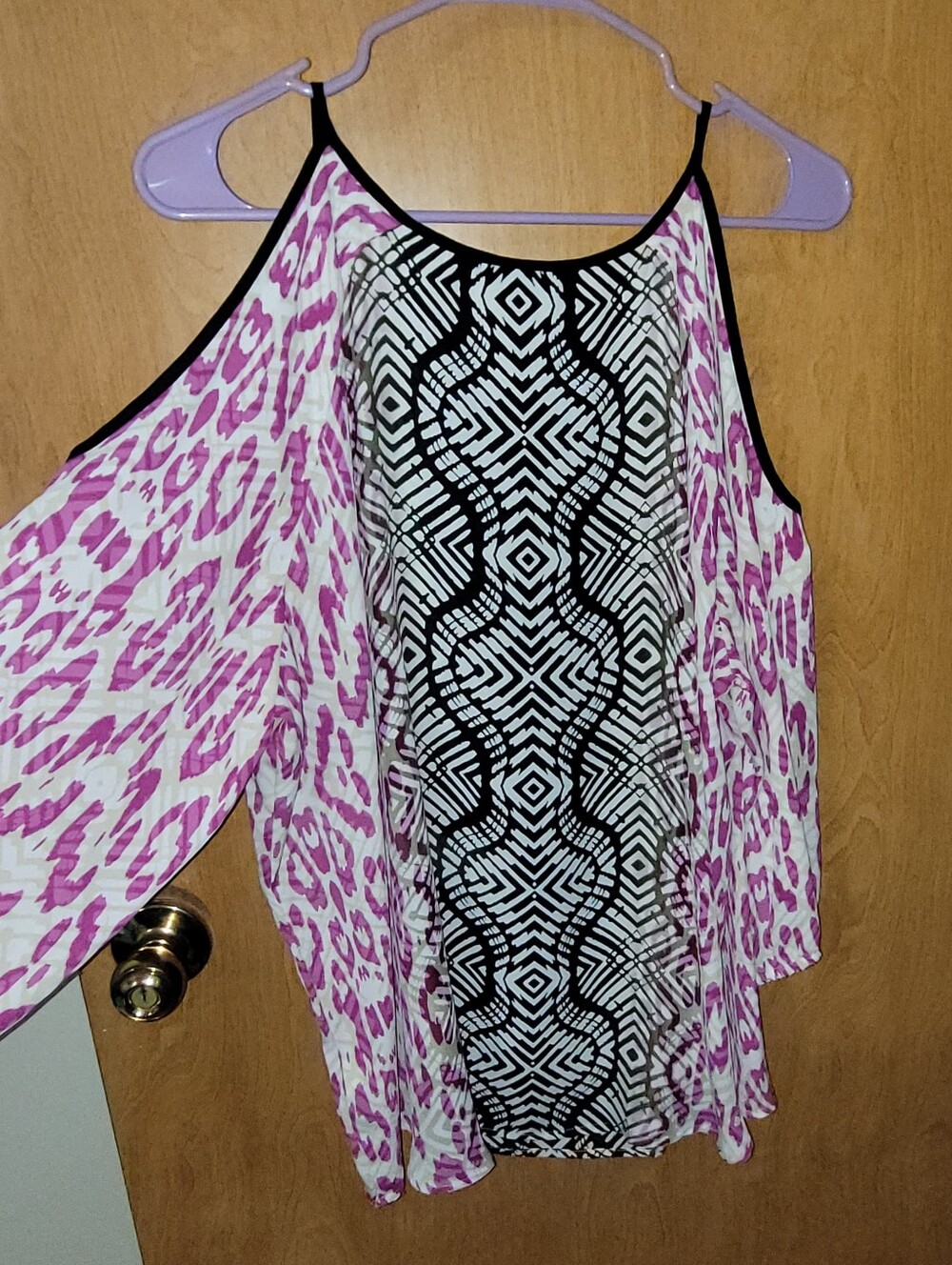 Apt. 9 Cold Shoulder Blouse Pink Black White Animal & Geometric Print